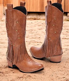 baratos -Mulheres Botas Botas Cowboy Retro Ao ar livre Trabalho Diário Botas Longas Tachas Mocassim Salto Robusto Ponta Redonda Elegante Vintage Couro Ecológico Mocassim Marron