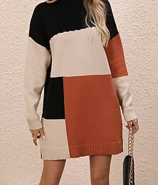 abordables -Femme Pull Chandail mode Bloc de couleur Col montant Col ras du cou manche longue Hauts longs Tricoter Travail Marron Rouge Bleu Automne Hiver