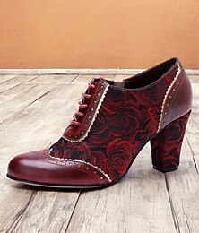 olcso -női piros virágos, fűzős sarkú oxford cipő – vintage brogue design rózsa mintával retro és steampunk stílusokhoz