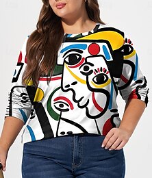 abordables -T-shirt à manches longues et col ras du cou pour femme, imprimé abstrait, grande taille, décontracté, quotidien, automne, hiver, blanc, rose