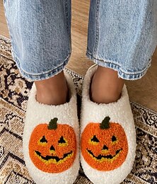 voordelige -Gezellige fleece pantoffels voor dames met Halloween-thema, met pompoen- en schedelpatronen – leuke binnenschoenen voor herfst- en Halloweenfeestjes