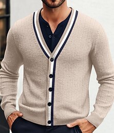 preiswerte -Herren Strickjacke Gerippt Stricken Standard Farbblock Gerippt Feste Farbe V Ausschnitt Strickware Elegant Heim Arbeit Bekleidung Bischof Frühling Herbst Marineblau Kaki S M L