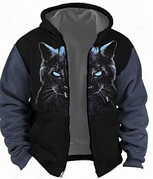 abordables -Noël Homme Chat Sweat à capuche Sweats à capuche Sweatshirt Mode Quotidien Ethnique manche longue À capuche Fête Voyage Jaune Bleu Violet Vert Cordon de serrage Fermeture éclair Avec Poches Automne