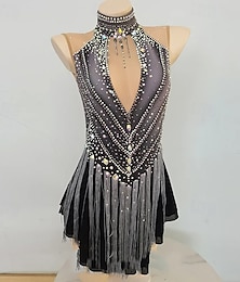 preiswerte -Eiskunstlaufkleid Damen Mädchen Eislaufen Kleid Grau Patchwork Netzstoff Hohe Elastizität Training Wettbewerb Eiskunstlaufkleidung Klassisch Kristall / Strass Langarm Eislaufen Eiskundstlauf