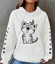 abordables -Sudadera con capucha para mujer, sudadera con capucha con estampado de gato para uso diario, informal, de manga larga, microelástica, cómoda, transpirable, de tejido suave para otoño e invierno
