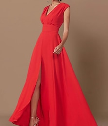 preiswerte -A-Linie Abendkleid Elegantes Kleid Hochzeitsgast Formelle Abend Bodenlänge Ärmellos V-Ausschnitt Brautjungfernkleid Chiffon mit Schlitz 2025
