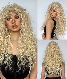 abordables -Pelucas sintéticas Uniformes Disfraces carrera Princesa Rizado Profundo rizado Parte media Corte a capas Con flequillo Hecho a Máquina Peluca 26 pulgadas Dorado claro Pelo sintético Mujer Cosplay