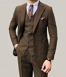 abordables -Pour des hommes Mariage Fête de Mariage Combinaisons en tweed Marron Gris Claire Rétro Vintage Grande occasion à Chevrons Coupe Standard Ensemble de 3 pièces Droit deux boutons