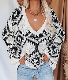 abordables -Femme Pull Chandail du quotidien Décontractées Géométrique Imprime Col Ras du Cou Tricoté Texturé manche longue Hauts longs Tricoter Extérieur Travail Blanche Violet Automne Hiver