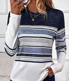 economico -Per donna Maglietta A righe Casual Manica Lunga Girocollo Top Regolari Quotidiano Stampato Blu Primavera Autunno