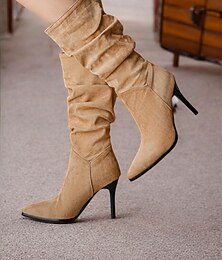 economico -stivali alti fino al ginocchio in pelle scamosciata marrone chiaro da donna con tacchi a spillo e punta affilata, calzature eleganti per autunno e inverno per abbigliamento casual e da sera