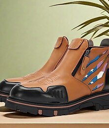 levne -pánské vintage hnědé pracovní boty z umělé kůže s vibramovou podrážkou a vlasteneckým bočním zipem - odolná a stylová obuv pro outdoorové aktivity