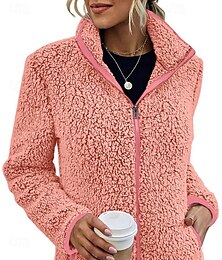abordables -Sudadera con cremallera para mujer, chaqueta de polar, estilo vintage, de sherpa, de color liso, para el día de San Valentín, informal, con cuello en V, con cremallera, bolsillo, manga larga, rosa,