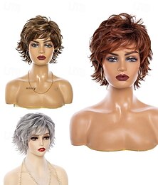 economico -parrucche corte marroni per donne bianche, parrucca marrone con frangia, parrucche corte e ricce con taglio pixie, affascinanti parrucche sintetiche ondulate a strati per vecchie signore