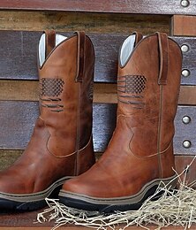 economico -stivali da lavoro da cowboy da uomo con bandiera americana in rilievo - stivali western in similpelle marrone resistente con suola robusta per abbigliamento casual e all'aperto