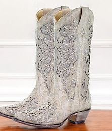 abordables -Botas vaqueras vintage para mujer adornadas con diamantes de imitación, diseño de cuero bordado para bodas y ocasiones especiales
