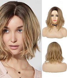 economico -parrucca bob corta naturale ondulata riga centrale sintetica radici scure parrucche cosplay per donne