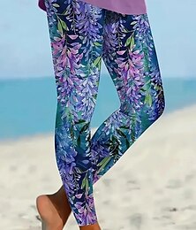 baratos -Womens Leggings Calças Culottes Perna Larga Moda Cheio Comprimento Alta Cintura Impressão Floral Micro-elástico Trabalho Uso Diário Violeta Outono Inverno Justas
