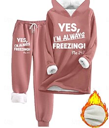 baratos -Conjunto Feminino de 2 Peças de Roupão Moletom e Calças Jogger Casual Frio Estampa de Frase com Forro de Fleec Ajuste Confortável Inverno