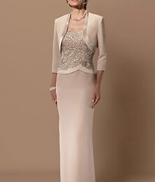 voordelige -Sheath Moeder van de Bruid Jurk Bruidsgast Elegant Plus Size Rechte Halslijn Vloer lengte Chiffon Satijn Kant Mouwloos Korte Jas Jurken met Sjerp  Lint Versieringen 2025