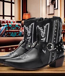 levne -pánské westernové kovbojské boty se zdobenými přezkami a cvočkovým designem - kotníkové boty z umělé kůže ve vintage stylu pro rodeo a běžné nošení