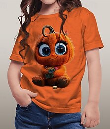 billiga -Halloween Flickor 3D Grafisk Tecknat Pumpa T-shirt Kortärmad Sommar Vår Mode Grundläggande Polyester Barn 4-12 år Rund hals Utomhus Ledigt Dagligen Normal