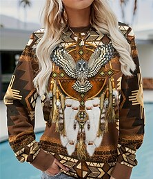 abordables -Sudadera de mujer con estampado tribal de calle para uso diario, estilo vintage, informal, cuello redondo, manga larga, microelástica, para otoño e invierno, cómoda, transpirable, tejido suave