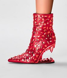 abordables -Botines rojos con tachuelas para mujer con tacones recortados únicos: tacones altos llamativos para eventos y fiestas de moda