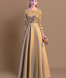 abordables -Robe de demoiselle d'honneur trapèze à col bijou et manches longues, élégante, longueur au sol, en satin / tulle / paillettes avec ceinture / ruban / plis, robe pour impressionner 2025