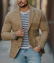 رخيصةأون -سترة بليزر كاجوال للرجال، معطف رياضي، مناسب للحفلات الرسمية والمكتب، مبطنة، أنيقة، عتيقة، ربيعية، خريفية، مصنوعة من البوليستر، بلون واحد، سترة بزر واحد، كاكي
