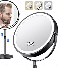 abordables -Miroir de maquillage éclairé de 8 pouces 20 cm grossissant 10x avec lumière tricolore et hauteur réglable adapté aux bureaux Miroir de maquillage à LED double face rotatif à 360 degrés rechargeable