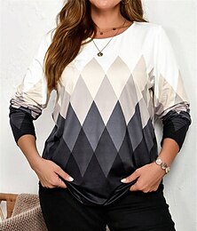 abordables -Camiseta de talla grande para mujer, camiseta con estampado geométrico, manga larga, cuello redondo, informal, para uso diario, otoño e invierno, gris