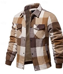お買い得  -男性用 シャツジャケット カジュアルジャケット フランネルフリースジャケット カジュアル／普段着 セクシー 秋冬 カラーブロック チェック柄 / ストライプ / シェブロン カジュアル ラペル レギュラー ブラック ロイヤルブルー カーキ色 ジャケット