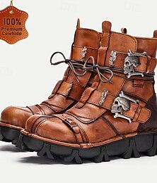 economico -stivali da combattimento con fibbia a teschio gotici steampunk da uomo con suola robusta - stivaletti allacciati in pelle marrone vintage per motociclisti e cosplay