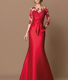 preiswerte -Mermaid Abendkleid Elegantes Kleid Verlobung Bodenlange 3/4-lange Ärmel Illusion-Ausschnitt Herbst Hochzeitsgast Satin mit Applikationen 2025