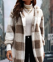 abordables -Mujer Abrigo de invierno Chaqueta de lana Abrigo de peluche Mantiene abrigado Transpirable Estampado Forrado con Lana Casual Plaid Vacaciones Calle Ropa Cotidiana Noche Frente Abierto Regular Sudadera