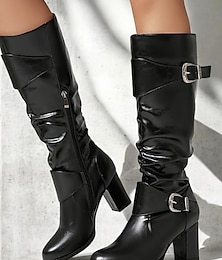 abordables -bottes noires à talons épais jusqu'aux genoux pour femmes avec sangles à boucle - bottes souples élégantes en similicuir pour une tenue décontractée d'automne et d'hiver