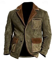 abordables -Hombre Chaqueta de cuero sintético Chaqueta de gamuza sintética chaqueta Formal Oficina Cortavientos Bolsillo Invierno Primavera & Otoño Bloque de color Vintage Moda Cuello Camisero Regular Verde