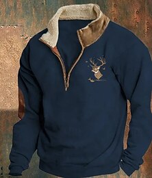 abordables -Homme Sweat-shirt Sweat-shirt quart de fermeture éclair bleu marine Marron Gris Clair Gris foncé Demi-zip Renne Imprimé Noël Quotidien Fête Polyester Streetwear Occasionnel Polaire fine Automne