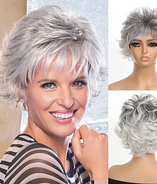 baratos -peruca feminina cabelo curto cacheado, peruca de cabelo curto cacheado cinza peruca feminina cabelo curto cacheado, peruca de seda simulada de alta temperatura