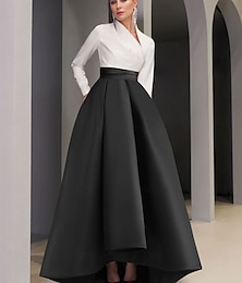 economico -Abito da Sera a Forma di A Nero Cravatta Elegante Abito Formale Ospite Matrimonio Maniche Lunghe Asimmetriche Collo a V Pocket Satin con Tasca