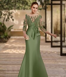 levne -Mořská panna ve večerní šaty Elegantní šaty formální délka k podlaze 3/4 rukáv iluzorní výstřih satén s aplikacemi