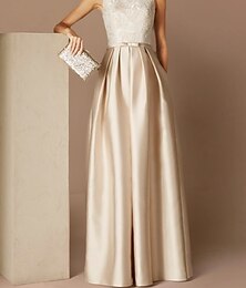 preiswerte -Strandhochzeit A-Linie Abendkleid Elegantes Kleid Formelle Abend Bodenlanger Ärmellos Schmuck-Ausschnitt Herbst Hochzeitsgast Satin mit Gurt/Ribbon Falten Applikationen 2025