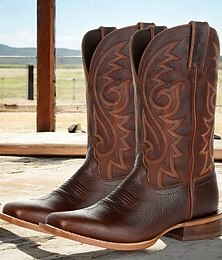 economico -stivali da cowboy western marroni da uomo – in similpelle con ricami elaborati, punta quadrata classica e tacco a spillo per rodeo e uso quotidiano