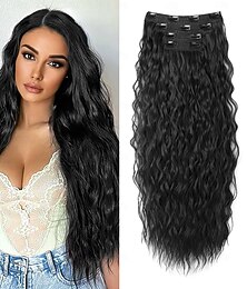 abordables -Bouclé Clips Cheveux Synthétiques Longue Extension des cheveux A Clipser 4 pièces Résistant à la chaleur Femme