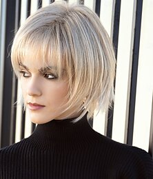 economico -parrucca bob a strati color oro chiaro con frangia a tendina per donna parrucca bob sintetica con mèches, parrucca corta pixie cut a strati ondulata per donna