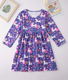 abordables -Girls ' 3D Graphic Unicornio Vestido Manga Larga Verano Primavera Vacaciones Diario Festivos Hermosa Dulce Niños 4-12 años Vestido informal Vestido de una línea Hasta la Rodilla Ajuste regular