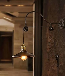 economico -lampada da parete vintage retrò lampada da parete lampada da parete piatta stile industriale lampada da parete regolabile in metallo nero con design a puleggia 110-240v