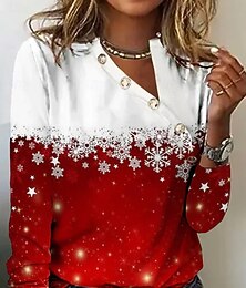 abordables -T-shirt pour femme Henley Pull Ombre Flocon de neige Henley Pullover Rouge Blanc Manches Longues Décontracté Confort Coupe Automne Hiver Haut de Vacances