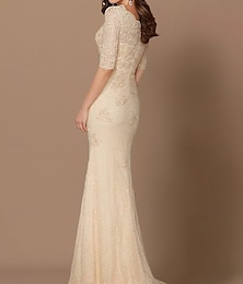 abordables -Robe de mère de la mariée sirène Invitée de mariage Grande taille Sexy Col en V Traîne de balayage  Brosse Chiffon Dentelle Manches demi avec Appliqués en dentelle 2025 taille personnalisée gratuite
